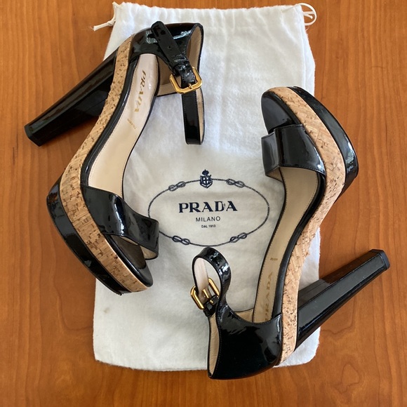 Prada - Black Patent Leather Cork Platform Heel (EU 39 / US 8.5) - Picture 2 of 13